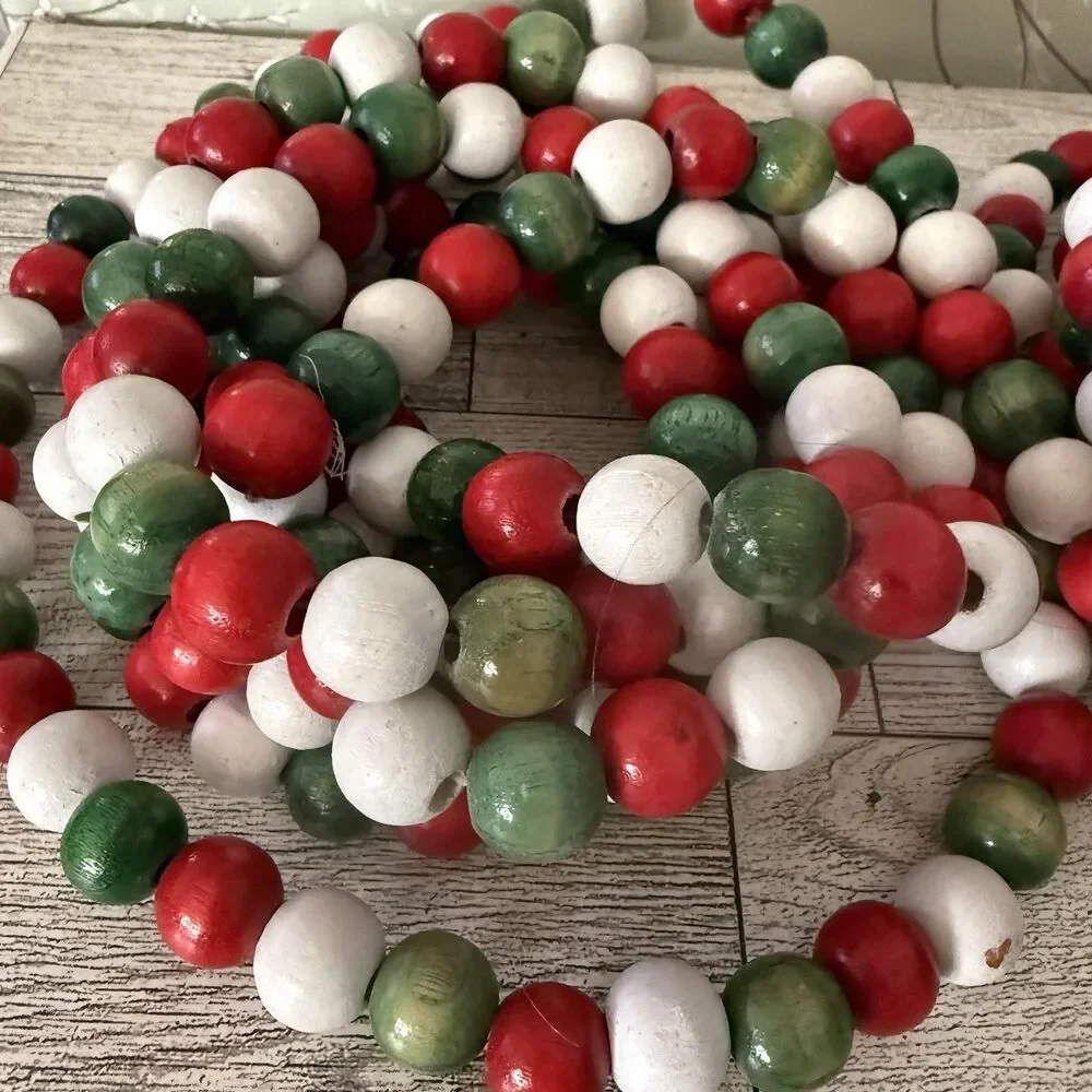 Vintage 9 ft WOODEN BEAD Christmas Tree Garland Strands Red Green White LOT OF 2